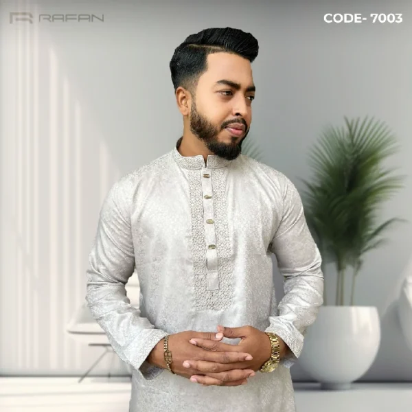 Silver or off-white Colored Men's Panjabi | Code -7003