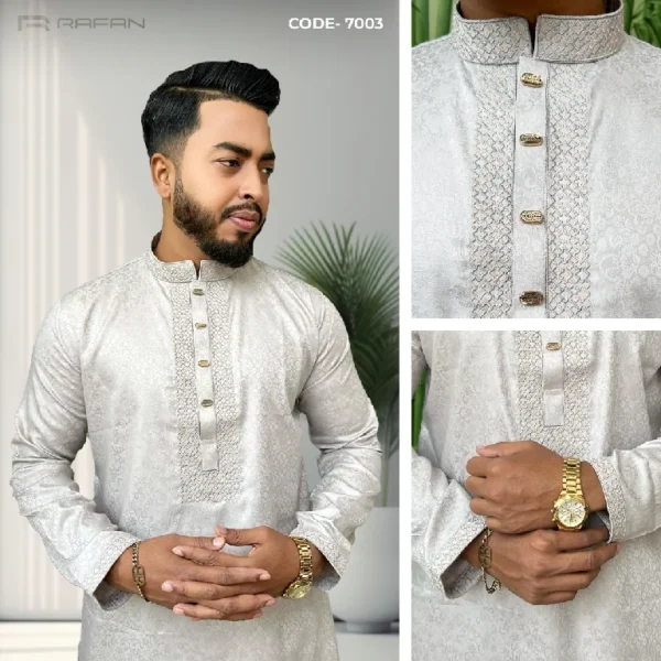 Silver or off-white Colored Men's Panjabi | Code -7003 - Image 2